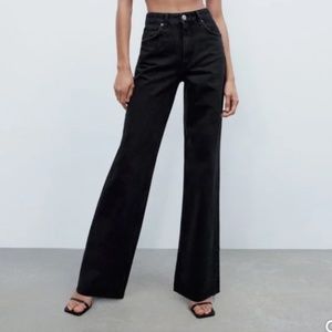 Zara Wide leg flare long high rise black jeans